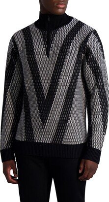 Chevron Jacquard Half Zip Wool Mock Neck Sweater