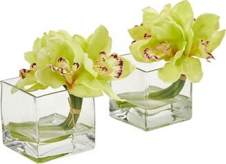 Cymbidium Orchid Artificial Arrangement in Glass Vase (Set of 2)