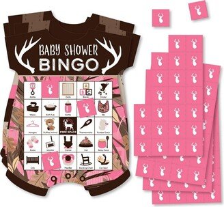 Big Dot of Happiness Pink Gone Hunting - Picture Bingo Cards and Markers - Deer Hunting Girl Camo Baby Shower Shaped Bingo Game - Set of 18