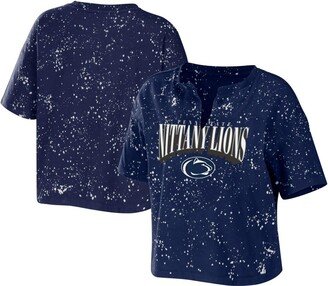 Women's Wear by Erin Andrews Navy Penn State Nittany Lions Bleach Wash Splatter Cropped Notch Neck T-shirt