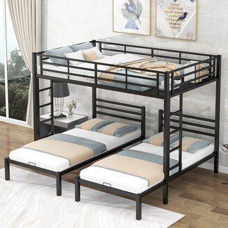 TOSWIN Full over Twin & Twin Size Bunk Bed Bedroom Metal Frame Kids' Beds with Built-in Shelf and Guardrail, 3 in 1 Bed Design