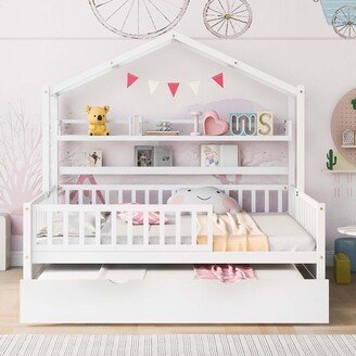 Wooden House Bed with Trundle,Kids Bed with Shelf