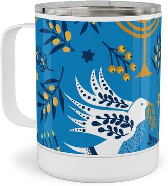 Travel Mugs: Hanukkah Birds Menorahs - Light Blue Stainless Steel Mug, 10Oz, Blue