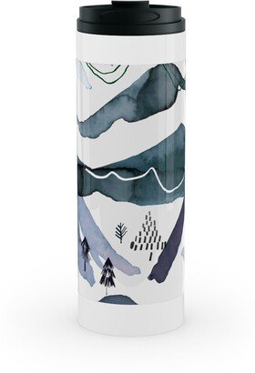 Travel Mugs: Watercolor Mountains Landscape - Blue Stainless Mug, White, 16Oz, Blue