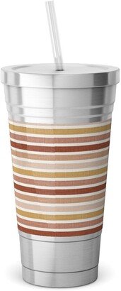 Travel Mugs: Horizontal Earth Colours Stripes - Red Pink Mustard Toffee Stainless Tumbler With Straw, 18Oz, Pink