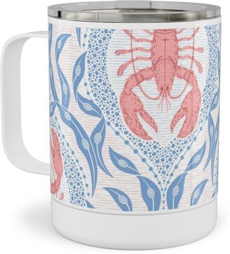 Travel Mugs: Lobster And Seaweed Nautical Damask - White, Coral Pink And Cornflower Blue Stainless Steel Mug, 10Oz, Blue