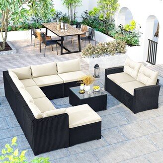 Calnod Modern 9-Pieces Outdoor Garden Patio Furniture Sets for 5-8, PE Rattan Wicker Sectional Cushioned Sofa Sets for Terrace & Garden