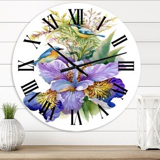 Designart 'Purple Iris With Birds' Traditional wall clock