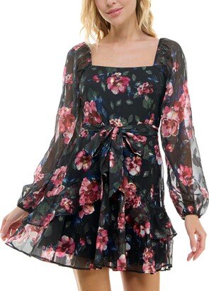 Juniors' Printed Square-Neck Fit & Flare Dress