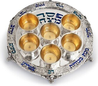 Blue & Turquoise Enamel Special Sterling Silver Seder Plate With Hammered Finish That Doesn't Get Tarnish - Hand Made in Israel