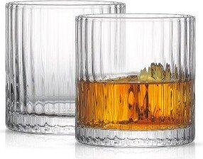 Elle Fluted Double Old Fashion Whiskey Glass - 10 oz Ribbed Scotch Glasses - Set of 2