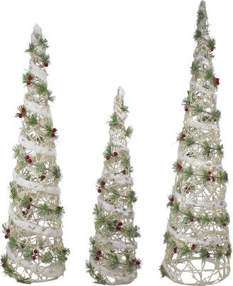 Northlight Set of 3 Lighted White Berry and Pine Needle Cone Tree Christmas Decorations