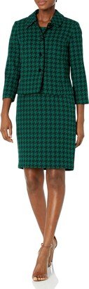 NIPON BOUTIQUE Women's 3 Button Peter PAN Collar Houndstooth Jacket/Sheath Dress Suit Emerald Black-AA