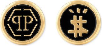 Gold-Tone Ip Stainless Steel Mismatch Logo Black Cuff Links