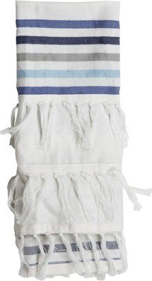 Blue Striped 27 x 18 Inch Woven Kitchen Tea Towel with Hand Sewn Fringe