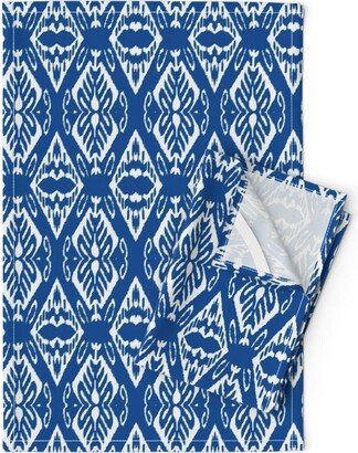 Cobalt Blue Ikat Tea Towels | Set Of 2 - Diamond By Serendipity Textiles Boho Linen Cotton Spoonflower