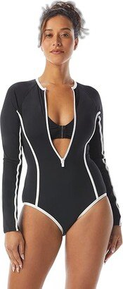 BEACH HOUSE Piping Solid Sculpt Long Sleeve Zip Front One-Piece Swim Suit (Black) Women's Swimsuits One Piece