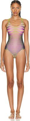 Printed Morphing Stripes Swimsuit in Purple