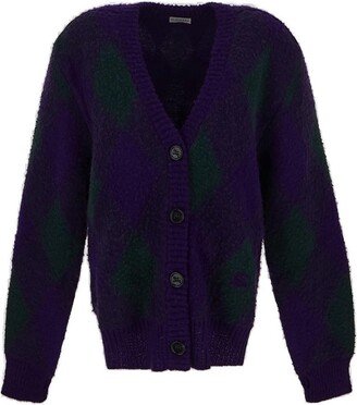 Argyle-Intarsia-Knit V-Neck Cardigan