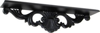 Hand Carved Wooden Wall Shelf with Floral Design Display, Black