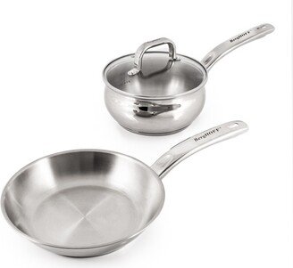 Belly Shape 18/10 Stainless Steel 3Pc Fry Pan & Stockpot With Glass Lid