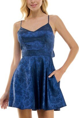 Juniors' Satin Jacquard Bow-Back Skater Dress