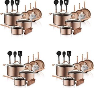 Metallic Nonstick Ceramic Cooking Kitchen Cookware Pots & Pan Set w/ Lids, Utensils, & Cool Touch Handle Grips 14 Piece Set, Bronze (4 Pack)