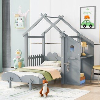 Aoolive Twin Size Platform Bed with Cute Windmill, Fence and Flower Decor, House Bed with Desk and 2 Hooks, Funny Kid's Bed