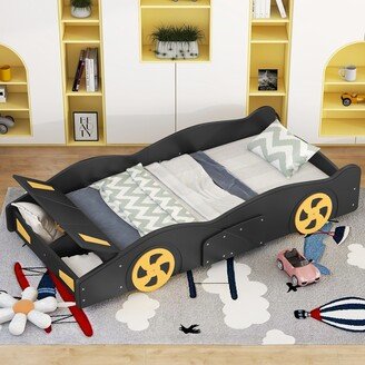 Aoolive Twin Size Race Car-Shaped Platform Bed Frame with Wheels and Hidden Storage Space, Funny Kids' Bed