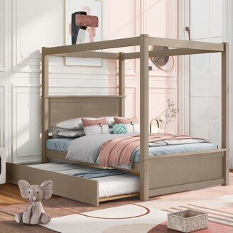 SUNMORYINC Wood Canopy Bed with Trundle Bed Full Size Canopy Platform Bed