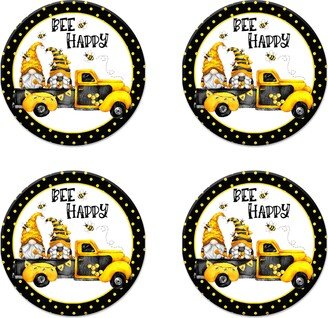 Bee Happy Coaster Set Of 4, Cute Gnome On Truck, Decor, Gnomes, Vintage Truck With Lover Gift X-Sum009