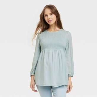 ong Sleeve Smocked Woven Maternity Shirt - Isabel Maternity by Ingrid & Isabel™ ight Blue