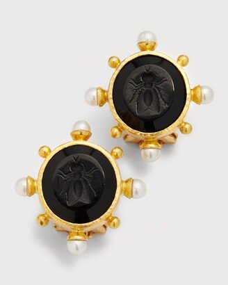 19K Venetian Glass Intaglio Bee and Pearl Earrings