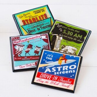 Drive in Theatre Coaster Set, Wood & Resin Drink Coasters Vintage Movie Night, Game Room Decor Film Lover Retro Housewarming Gift Under 25