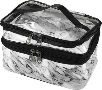 Unique Bargains White Double Layer Makeup Bag Cosmetic Travel Bag Make Up Organizer Bag for Women Marble Pattern 1 Pc