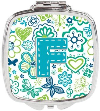 CJ2006-FSCM Letter F Flowers & Butterflies Teal Blue Compact Mirror