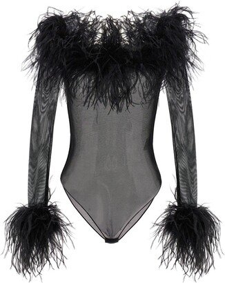 Plumage Feather-trim Sheer Bodysuit