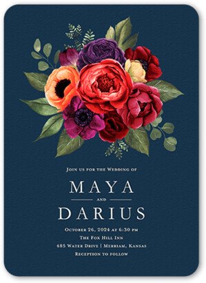 Wedding Invitations: Blossom Burst Wedding Invitation, Blue, 5X7, Pearl Shimmer Cardstock, Rounded