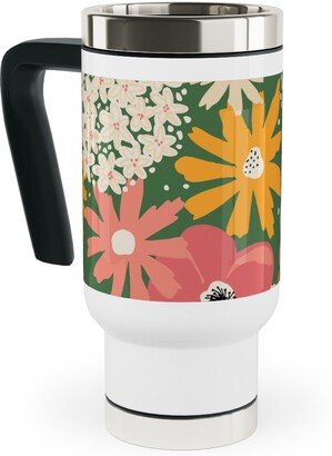 Travel Mugs: Summer Florals - Green Pink White And Orange Travel Mug With Handle, 17Oz, Multicolor