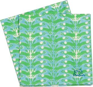 Kate Austin Designs Set Of Eight Organic Cotton Cloth Napkins In Aqua Blue And Green Bunny Block Print