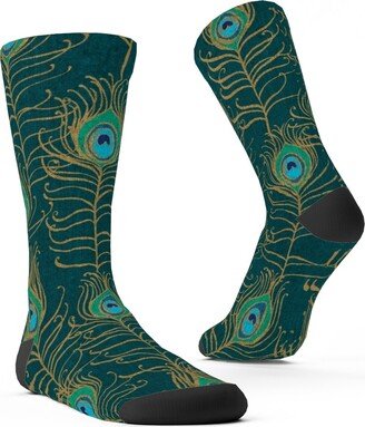 Socks: Peacock Feather Nouveau - Emerald Custom Socks, Green