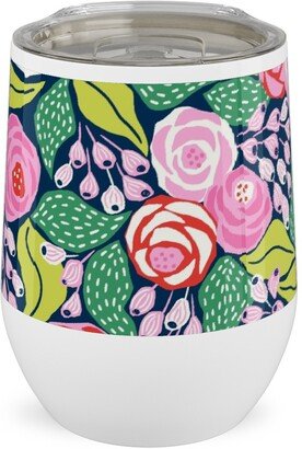 Travel Mugs: Colourful Papercut Roses - Pink On Dark Blue Stainless Steel Travel Tumbler, 12Oz, Pink