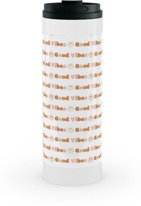 Travel Mugs: Good Vibes - Retro 70S Smiley Face - Earthy Stainless Mug, White, 16Oz, Orange