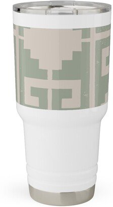 Travel Mugs: Greek To Me - Green On Cream Travel Tumbler, 30Oz, Green