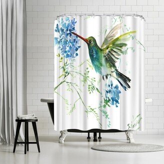 71 x 74 Shower Curtain, Hummingbird With Blue Flowers by Suren Nersisyan