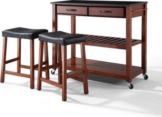 Granite Top Kitchen Prep Cart with 2 Upholstered Saddle Stools Cherry