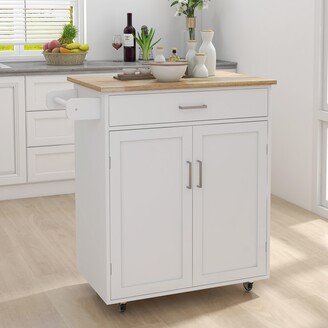 RASOO Kitchen Island Rubber Wood Table Top Rolling Trolley Cart with Drawer and Double Doors