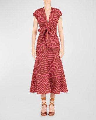 Toledo Abstract Striped Cap-Sleeve Bow Midi Dress