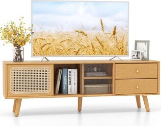 Bamboo TV Stand Console Table with PE Rattan Door & 2 Drawers for TV up to 65''