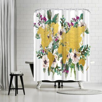 71 x 74 Shower Curtain, Floral Burst Gold World Map by Samantha Ranlet